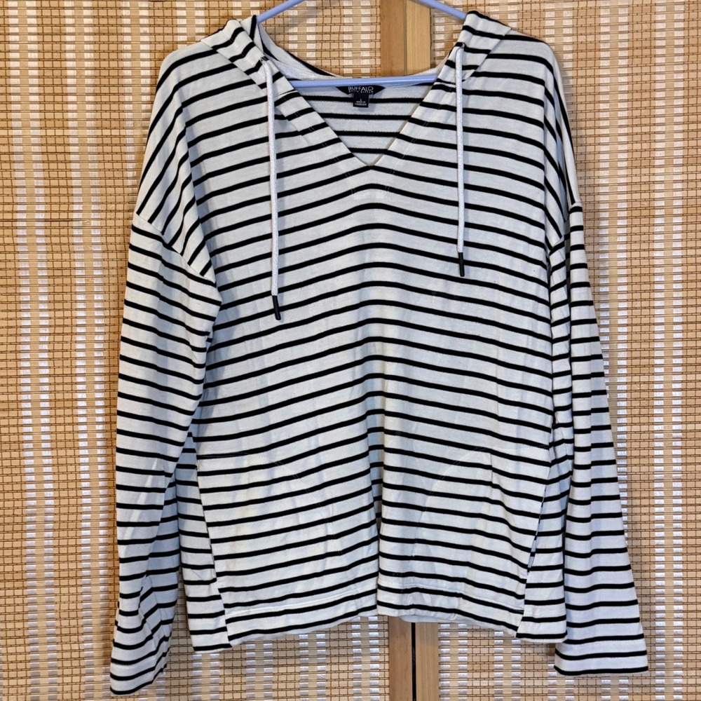 Buffalo David Bitton Womens Striped Hoodie Black‎ White V-Neck Pullover L Beach
